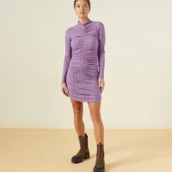 MONROW Flat Rib Mock Shirred Dress ASTERPURPLE Outlet